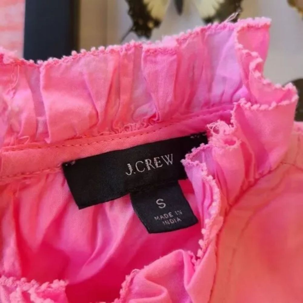 J. Crew Bright Pink Daisy Chain Lace‎ Trim Puff Sleeve Peplum Top Small Modest - Picture 5 of 5